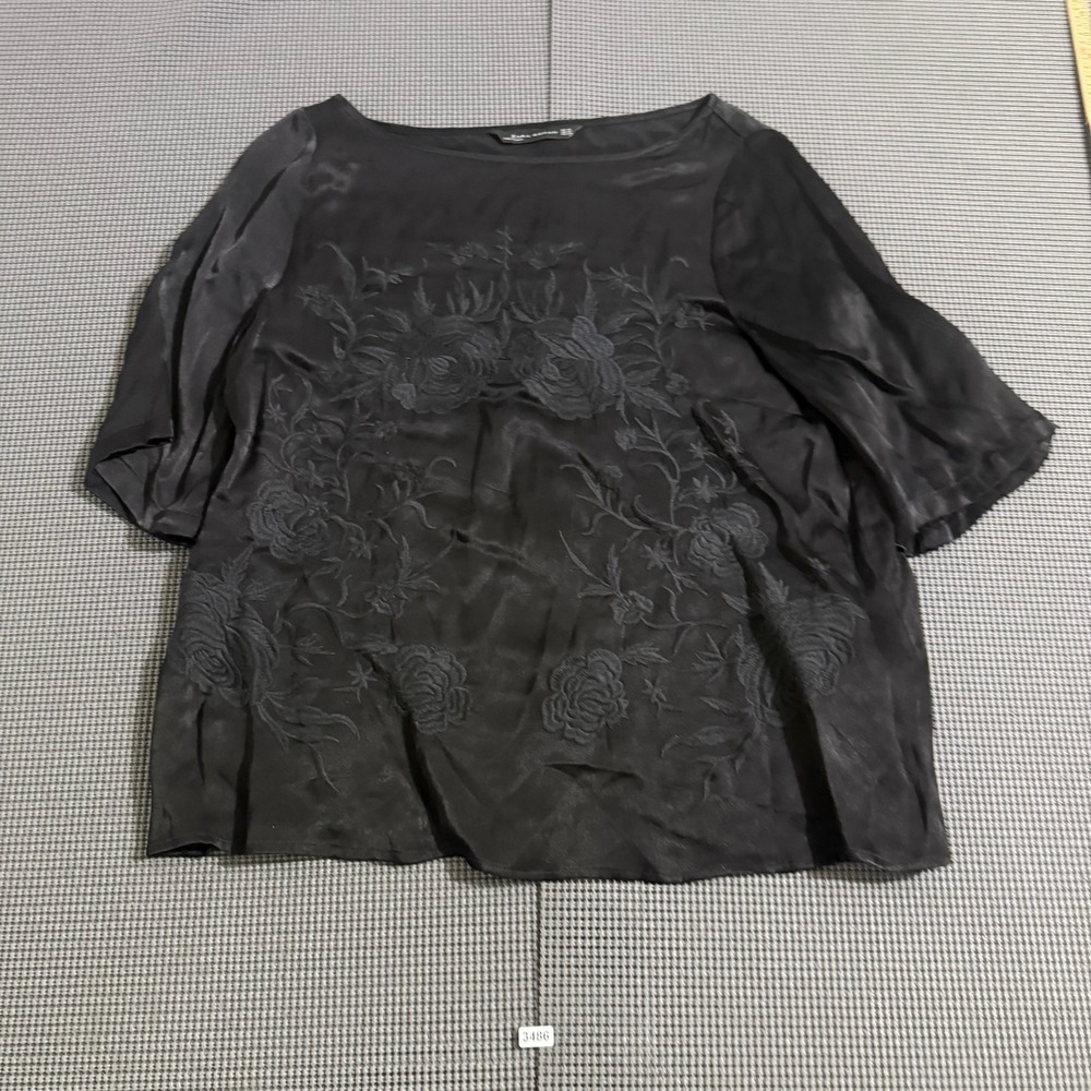 Zara Woman Black Floral Embroidered Short Sleeve Blouse Size XS